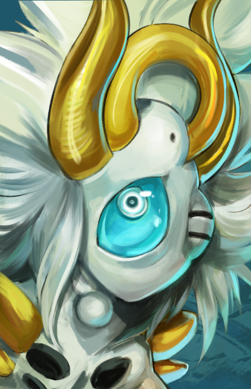 A portrait of Ermine, a humanoid creature with one large blue eye and two pairs of gold horns against a teal background.